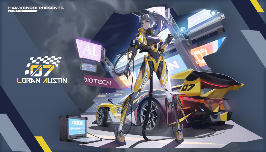 1girl absurdres android blue_eyes bodysuit breasts cable car cropped_jacket cyberpunk dated english_commentary english_text full_body grey_hair ground_vehicle hawken081 highres jacket medium_breasts motor_vehicle open_clothes open_jacket original ponytail race_vehicle racecar solo spoiler_(automobile) standing tablet_pc tire tube