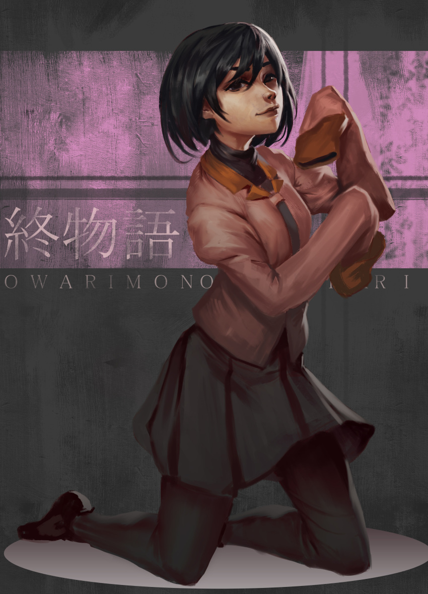 1girl absurdres bangs black_background black_eyes black_hair black_legwear black_neckwear black_skirt black_undershirt bob_cut breasts copyright_name dress_shirt hair_between_eyes hands_up highres josh_corpuz kneeling leggings light_smile lips long_sleeves looking_at_viewer monogatari_(series) naoetsu_high_school_uniform oshino_ougi owarimonogatari pantyhose pink_shirt puffy_sleeves purple_background school_uniform shirt short_hair skirt sleeves_past_fingers sleeves_past_wrists small_breasts solo texture thick_eyebrows translated turtleneck