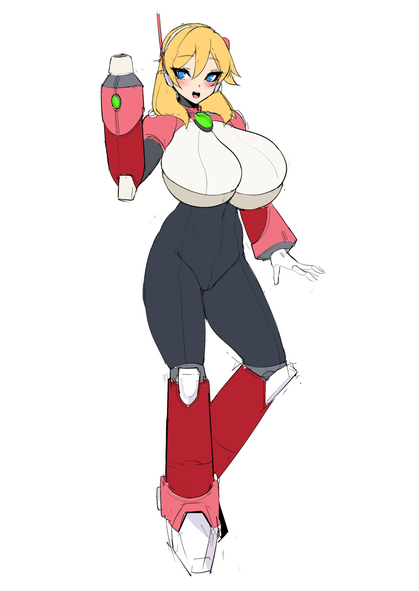 1girl absurdres alia_(mega_man) alternate_breast_size android arm_cannon armor bangs blonde_hair blue_eyes blush bodysuit breasts eyebrows_visible_through_hair funaya_(a2brasd) gloves green_eyes headset highres huge_breasts long_hair looking_at_viewer mega_man_(series) mega_man_x_(series) open_mouth robot_ears simple_background smile solo weapon white_background white_gloves