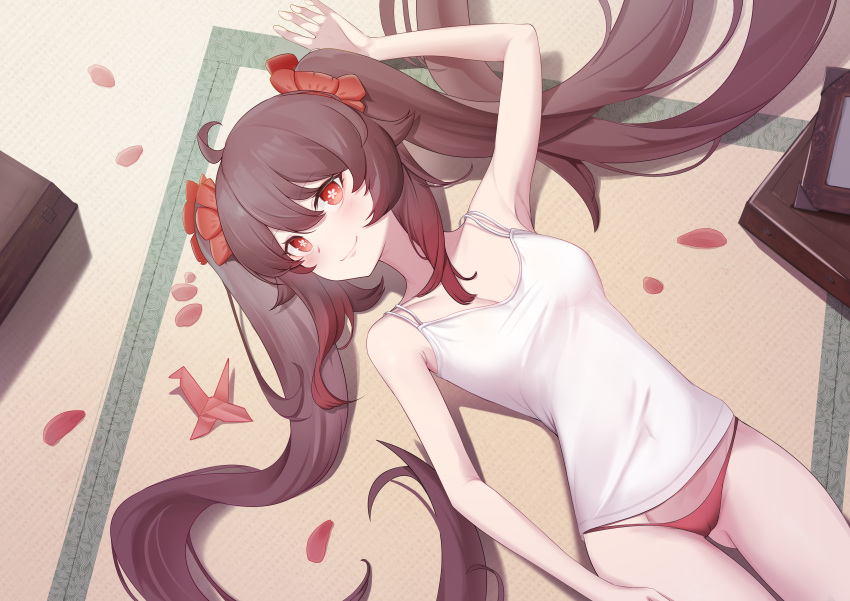 1girl absurdres arm_up ass_visible_through_thighs blush breasts brown_hair casual eyebrows_visible_through_hair flower genshin_impact highres hu_tao_(genshin_impact) lingwuye long_hair looking_at_viewer lying no_pants on_back on_floor origami panties paper_crane petals plum_blossoms red_eyes small_breasts smile twintails underwear very_long_hair