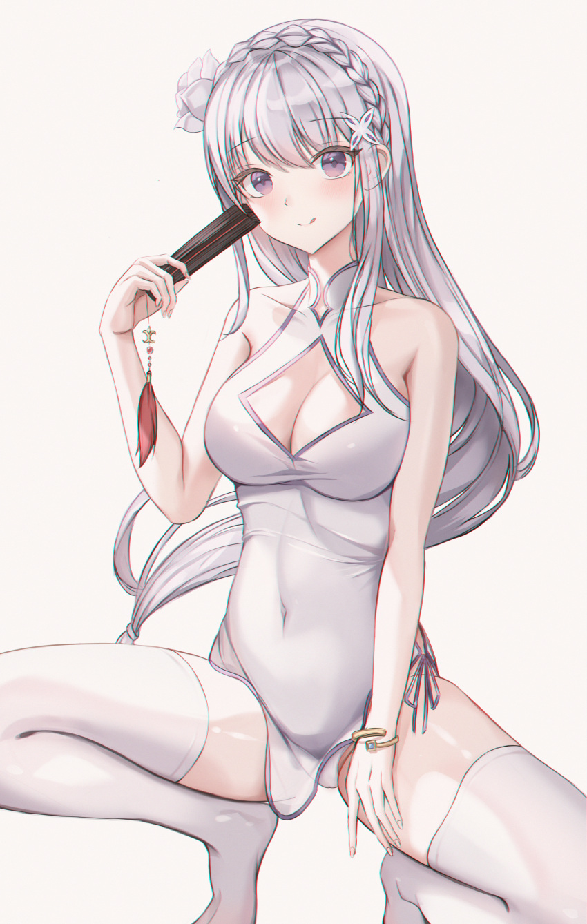 1girl :q absurdres bare_arms bare_shoulders bracelet braid breasts china_dress chinese_clothes cleavage cleavage_cutout closed_mouth clothing_cutout collarbone covered_navel dress emilia_(re:zero) flower folding_fan french_braid hair_flower hair_ornament hamong0 hand_fan highres holding jewelry long_hair looking_at_viewer medium_breasts no_shoes pelvic_curtain re:zero_kara_hajimeru_isekai_seikatsu short_dress side-tie_peek sidelocks simple_background sleeveless sleeveless_dress smile solo squatting thighhighs thighs tongue tongue_out white_background white_dress white_hair