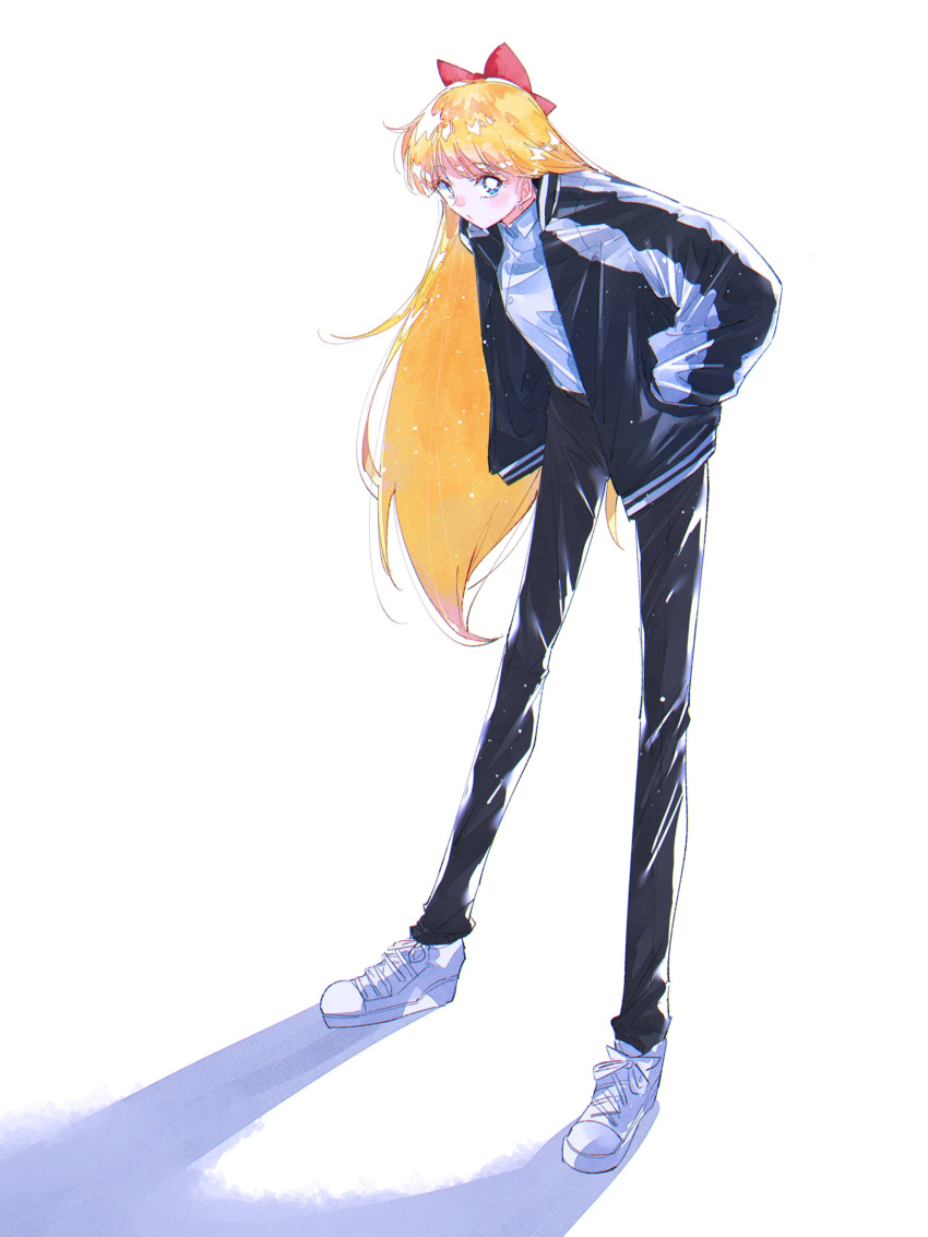 1990s_(style) 1girl absurdres aino_minako bishoujo_senshi_sailor_moon black_pants blonde_hair blue_eyes breasts bright_pupils collared_shirt commentary eyebrows_visible_through_hair full_body hands_in_pockets highres leaning_forward long_hair long_legs looking_to_the_side medium_breasts pants pochi_(askas_is_god) retro_artstyle shadow shirt shoes sneakers solo white_footwear white_pupils white_shirt