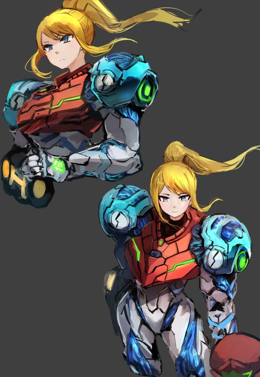 1girl absurdres arm_cannon armor bangs blonde_hair blue_eyes glowing gun hatano_kiyoshi helmet highres long_hair looking_at_viewer metroid metroid_dread mole mole_under_mouth ponytail power_armor power_suit samus_aran science_fiction sidelocks simple_background solo upper_body visor weapon