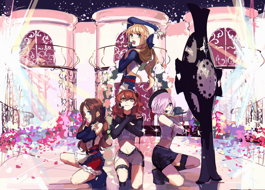 4girls ahoge alternate_costume arm_up artoria_pendragon_(caster)_(fate) artoria_pendragon_(fate) bangs bare_shoulders belt black_footwear black_headwear black_skirt black_sleeves blonde_hair blue_belt blue_bow blue_dress blue_eyes blue_footwear blue_sleeves boots bow brown_hair buttons closed_mouth commentary_request dress eyebrows_visible_through_hair fate/grand_order fate_(series) flower forehead frilled_dress frills fujimaru_ritsuka_(female) green_eyes hair_between_eyes hair_bow hair_ornament hair_over_one_eye hair_scrunchie hand_on_own_chest hat headset high_heels highres holding holding_shield holding_weapon idol leonardo_da_vinci_(fate) leonardo_da_vinci_(rider)_(fate) light_purple_hair long_hair looking_at_viewer mash_kyrielight microphone midriff multicolored_clothes multicolored_dress multiple_girls music navel one_eye_covered one_knee open_mouth orange_hair petals pineapple6huza ponytail purple_eyes red_belt red_dress scrunchie shield shirt short_hair shorts side_ponytail singing skirt sleeveless sleeveless_dress sleeves_past_wrists smile teeth tongue very_long_hair weapon white_dress white_shirt white_shorts white_sleeves x_arms yellow_eyes