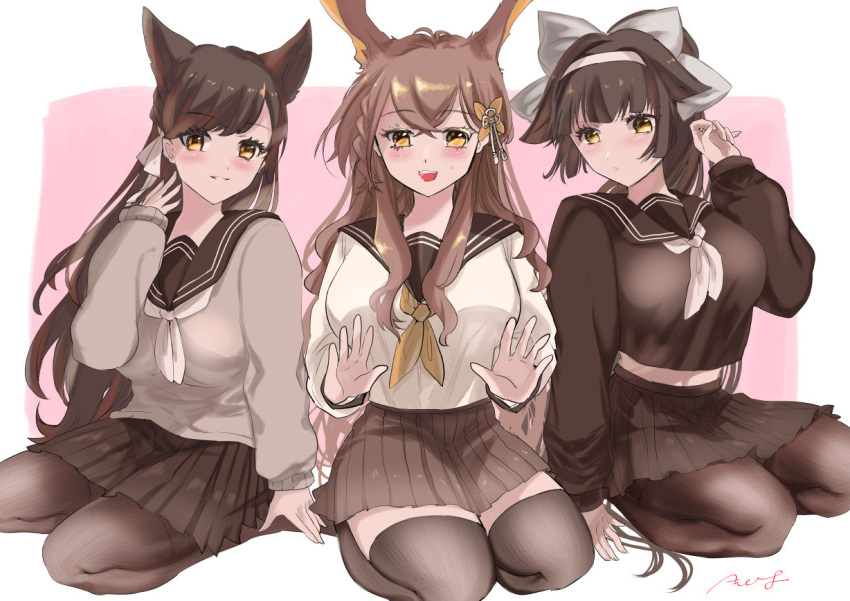 3girls adapted_costume alternate_costume animal_ear_fluff animal_ears atago_(azur_lane) atago_(school_traumerei)_(azur_lane) azur_lane black_legwear black_sailor_collar black_serafuku black_shirt black_skirt bow breasts brown_hair cardigan chikuma_(azur_lane) crop_top crop_top_overhang extra_ears gamuko07 hair_bow hairband large_breasts light_brown_hair long_hair looking_at_viewer miniskirt multiple_girls neckerchief official_alternate_costume pantyhose pleated_skirt ribbon sailor_collar school_uniform serafuku shirt sitting skirt takao_(azur_lane) takao_(school_romanza)_(azur_lane) thighband_pantyhose thighhighs white_bow white_cardigan white_hairband white_neckerchief white_ribbon yellow_eyes zettai_ryouiki