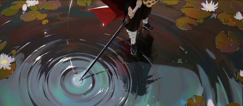 1boy highres holding holding_sword holding_weapon kimetsu_no_yaiba lily_pad out_of_frame ripples solo source_request sword tomioka_giyuu water weapon