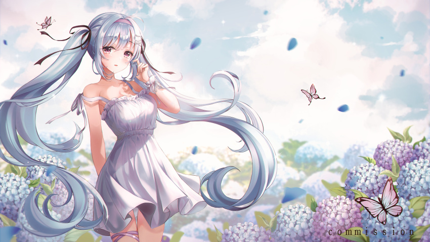 1girl absurdres ahoge arm_behind_back bangs black_ribbon blue_flower blue_hair blush bug butterfly cloud cloudy_sky commentary commission day dress english_commentary eyebrows_visible_through_hair floating_hair flower hair_ribbon hairband hand_up highres holding holding_hair hydrangea long_hair looking_at_viewer mole mole_under_eye original outdoors parted_lips petals pink_butterfly pink_hairband pippin_sol purple_eyes purple_flower ribbon sky sleeveless sleeveless_dress solo sundress thigh_strap twintails very_long_hair white_dress wrist_cuffs