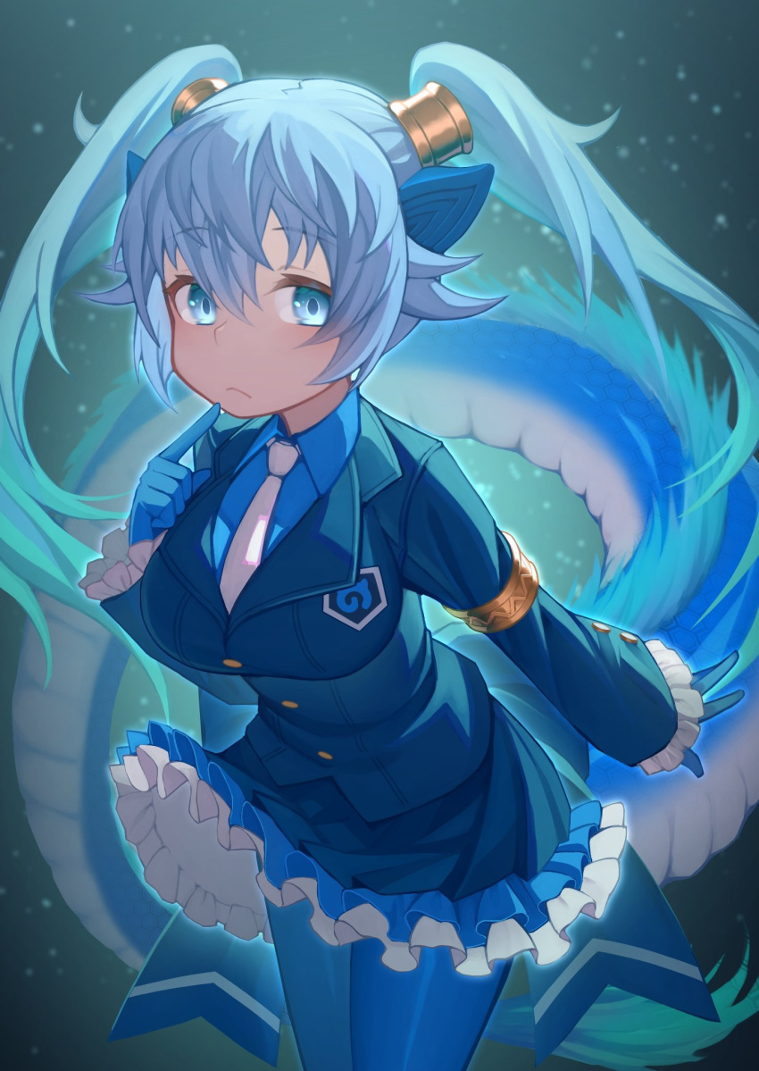 1girl :/ akuma_(st.takuma) arm_at_side armlet aura blue_eyes blue_hair buttons closed_mouth collared_shirt commentary_request dragon_girl dragon_horns dragon_tail eyebrows_visible_through_hair finger_to_mouth frilled_skirt frills gloves gradient_hair green_hair hand_up highres horns index_finger_raised jacket japari_symbol kemono_friends leaning_forward long_hair long_sleeves long_tail looking_at_viewer miniskirt multicolored_hair necktie outstretched_arm pantyhose seiryuu_(kemono_friends) shirt skirt solo tail twintails two-tone_hair very_long_hair wing_collar