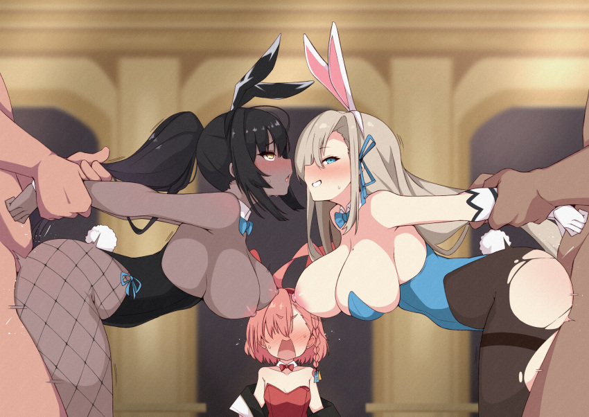 2boys 3girls ahoge animal_ears asuna_(blue_archive) bangs bare_shoulders bent_over black_hair black_leotard blue_archive blue_eyes blue_leotard blush braid breasts breasts_outside brown_legwear cleavage dark-skinned_female dark_skin detached_collar elbow_gloves fake_animal_ears fishnet_legwear fishnets gloves grabbing_another's_hair grin group_sex hair_over_one_eye hetero highleg highleg_leotard highres karin_(blue_archive) kumasteam large_breasts leotard light_areolae light_brown_hair long_hair looking_at_viewer mole mole_on_breast multiple_boys multiple_girls neru_(blue_archive) nipples one_breast_out open_mouth orange_hair pantyhose playboy_bunny ponytail rabbit_ears rabbit_tail red_leotard rolling_eyes sex side_braid sidelocks smile tail thighs torn_clothes torn_legwear white_gloves yellow_eyes