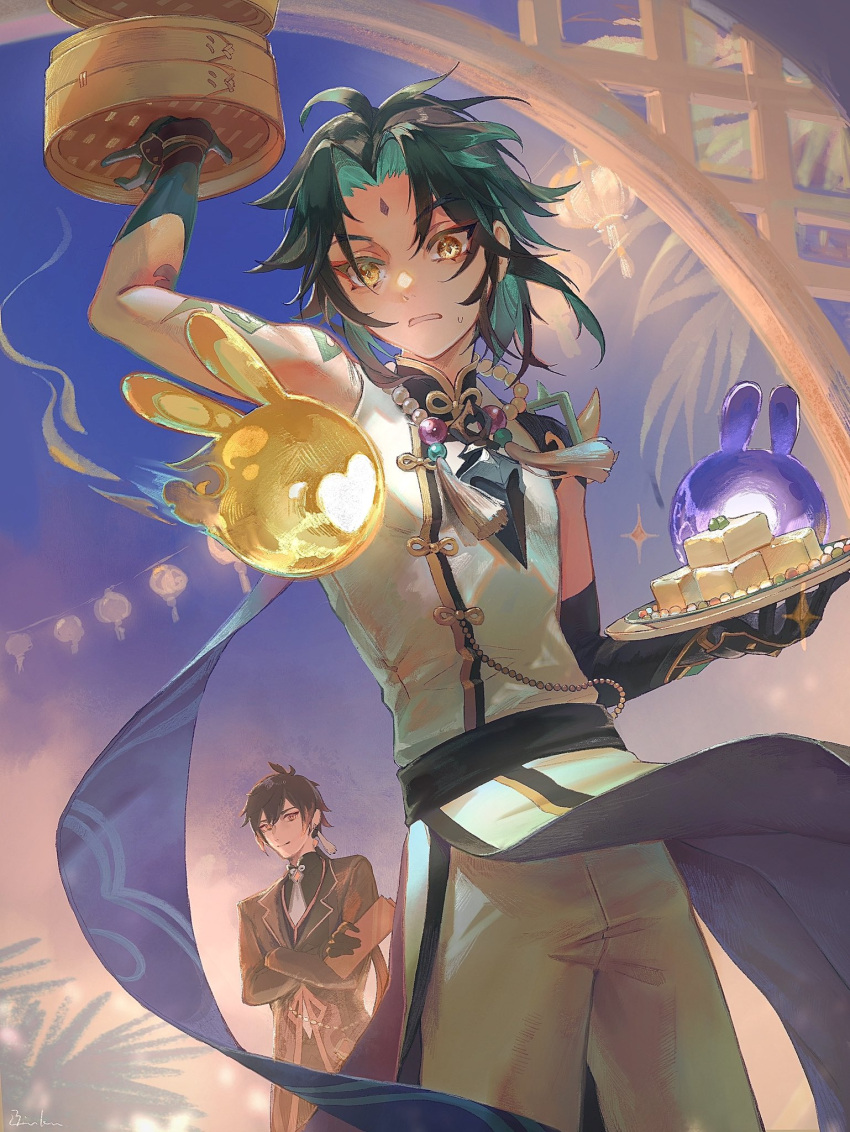 2boys aqua_hair arm_tattoo arm_up bamboo_steamer bangs bead_necklace beads black_hair brown_hair cloud crossed_arms earrings facial_mark food forehead_mark genshin_impact gloves green_hair hair_between_eyes highres holding holding_plate jacket jewelry lantern long_hair male_focus mizuku_hei multicolored_hair multiple_boys necklace outdoors parted_lips plate ponytail seelie_(genshin_impact) single_earring sky sparkle sweat tattoo xiao_(genshin_impact) yellow_eyes zhongli_(genshin_impact)