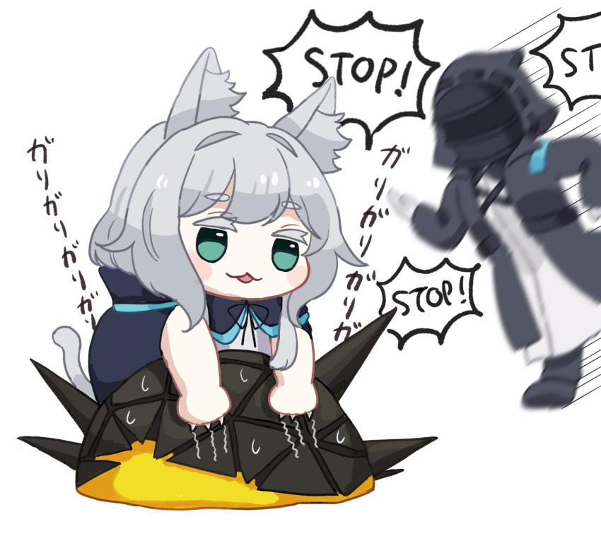 1girl 1other :3 ambiguous_gender animal_ear_fluff animal_ears arknights blue_cape blush_stickers cape cat_ears cat_girl cat_tail chibi claws colored_eyelashes commentary_request doctor_(arknights) green_eyes grey_hair hair_intakes highres mask mixed-language_text monster motion_blur motion_lines originium_slug_(arknights) rosmontis_(arknights) running scratching shirt simple_background someyaya sound_effects speech_bubble sweat tail thick_eyebrows white_background white_shirt