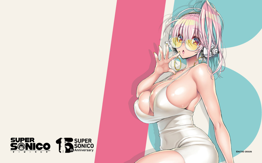 1girl anniversary bare_shoulders breasts covered_nipples dress earrings eyebrows_visible_through_hair headphones highres hoop_earrings huge_breasts jewelry looking_over_eyewear nitroplus official_art official_wallpaper open_mouth pink_hair side_ponytail sideboob solo spaghetti_strap sunglasses super_sonico tinted_eyewear tsuji_santa yellow-tinted_eyewear