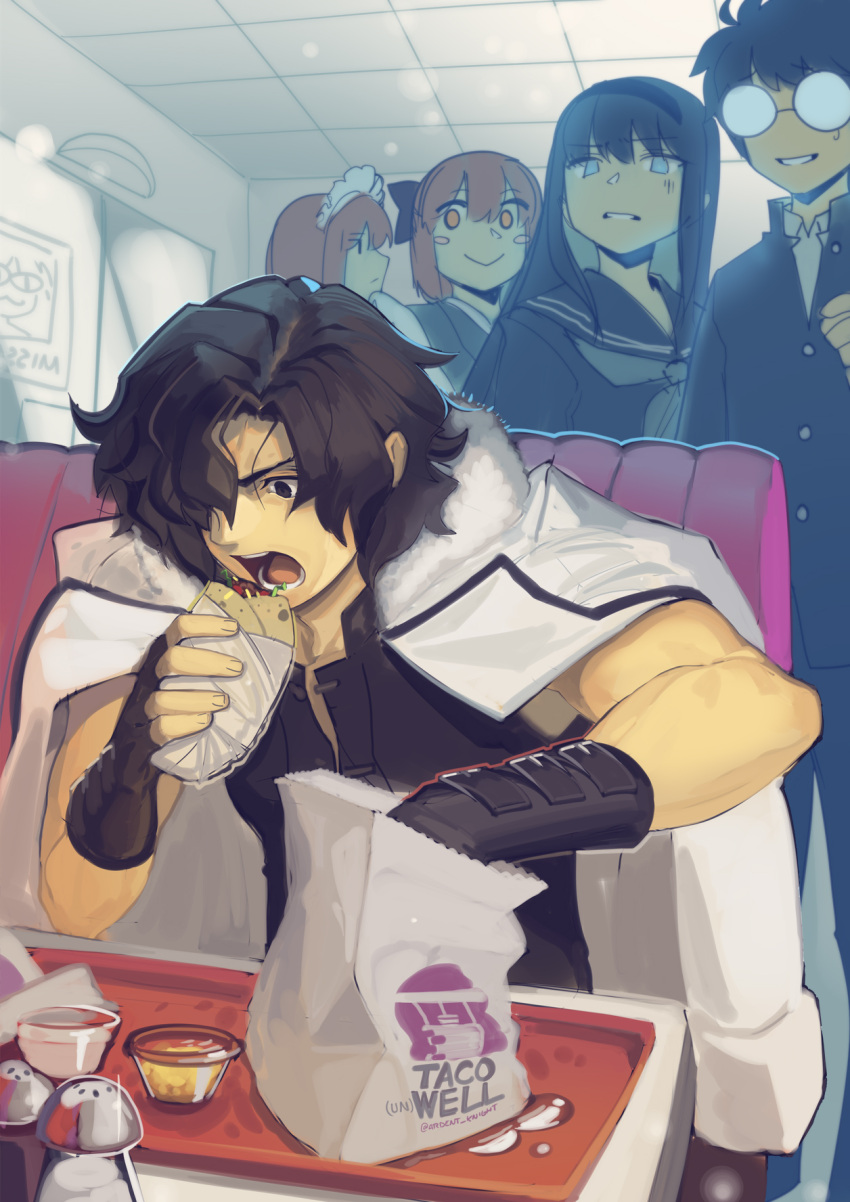 2boys 3girls :&gt; black_gloves black_sailor_collar black_shirt blue_eyes blush_stickers boa_(brianoa) brand_name_imitation brown_eyes brown_hair closed_mouth commentary disgust eating english_commentary fingerless_gloves food_request gakuran glasses gloves hair_over_one_eye highres hisui_(tsukihime) holding jacket jacket_on_shoulders kishima_kouma kohaku_(tsukihime) maid male_focus melty_blood melty_blood:_type_lumina missing_poster multiple_boys multiple_girls neckerchief neco-arc opaque_glasses open_mouth parted_lips sailor_collar salt_shaker school_uniform serafuku shirt sitting smile solo_focus sweatdrop taco_bell tohno_akiha tohno_shiki tray tsukihime tsukihime_(remake) yellow_eyes
