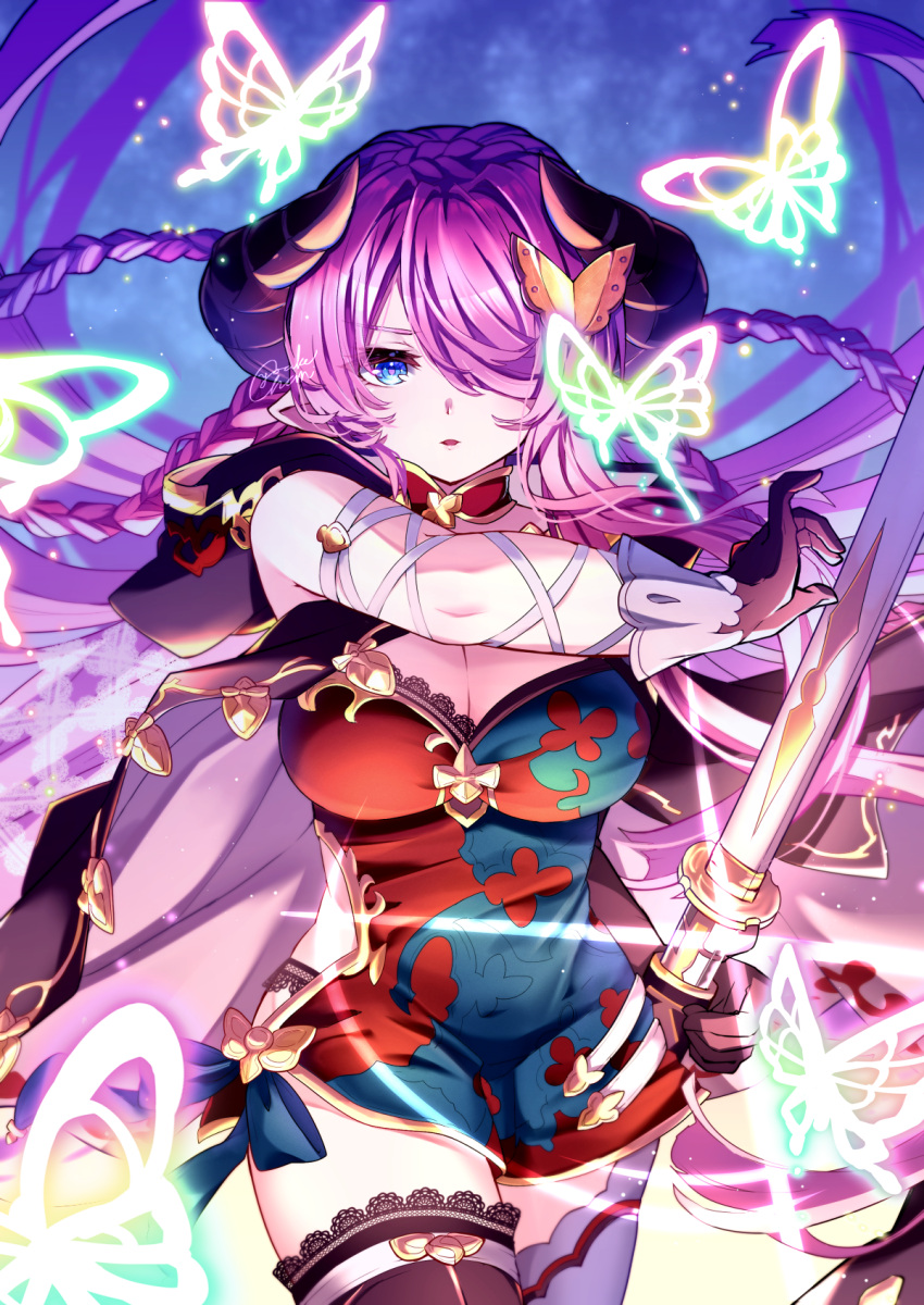 1girl black_gloves blue_eyes braid breasts bug butterfly cleavage draph gloves granblue_fantasy hair_over_one_eye highres horns katana large_breasts long_hair narmaya_(granblue_fantasy) purple_hair sword thighhighs weapon yoake