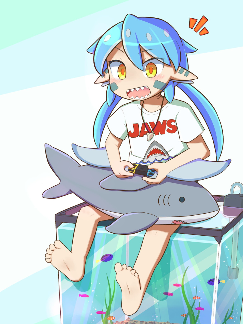 1girl barefoot blue_hair controller facial_mark feet female game_controller gills jaws_(movie) jewelry monster_girl necklace nintendo_switch original playing_games shark_girl sharp_teeth sitting smith.s soles solo stuffed_toy teeth toes
