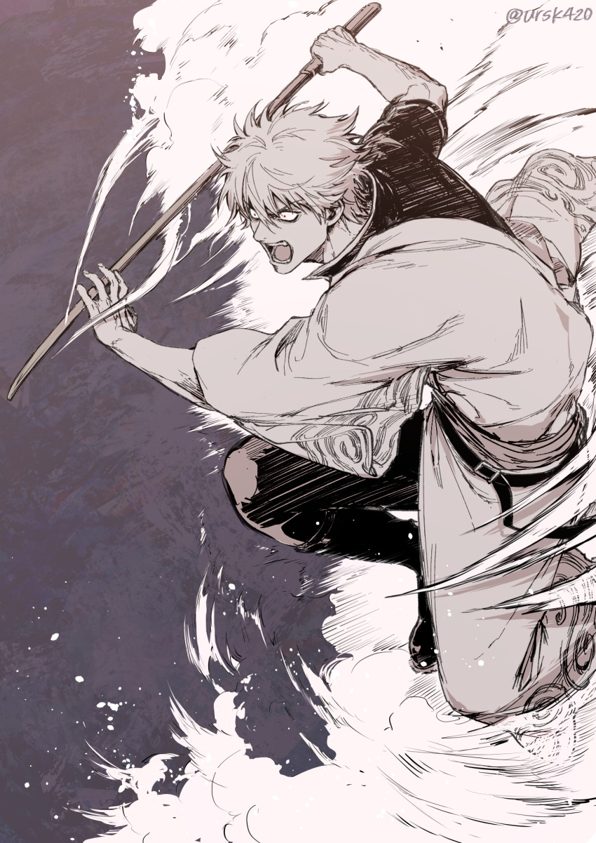 1boy bangs bokken boots commentary_request gintama hadanugi_dousa hair_between_eyes highres holding holding_sword holding_weapon japanese_clothes kimono knee_boots long_sleeves looking_away male_focus open_mouth pants red_eyes ribbon-trimmed_sleeves ribbon_trim sakata_gintoki short_sleeves smoke solo spot_color sword twitter_username uraki_(tetsu420) v-shaped_eyebrows weapon wide_sleeves wooden_sword
