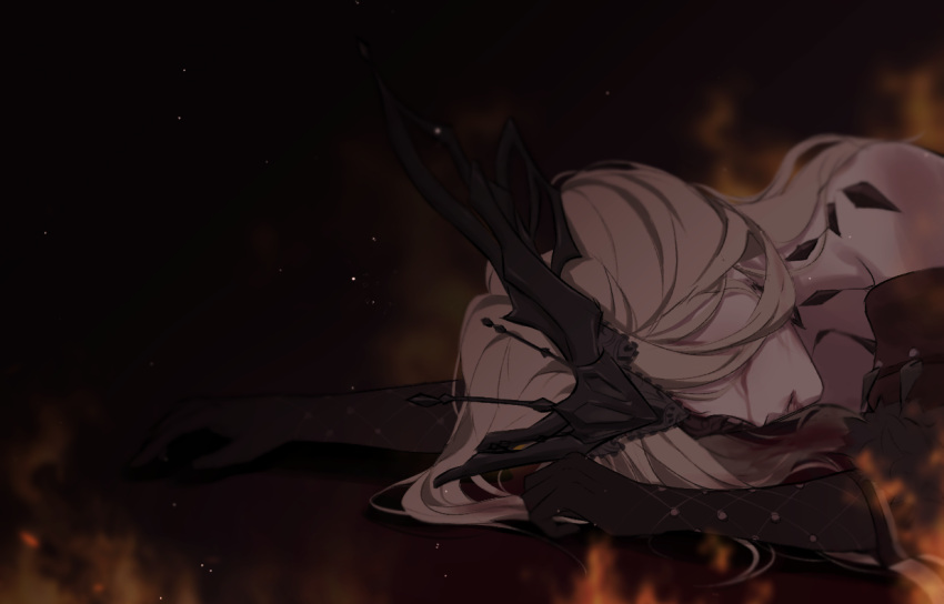 1girl bare_shoulders black_gloves blonde_hair blood breasts chinese_commentary cleavage collarbone commentary_request coo-cco dress earrings fire fur_trim genshin_impact gloves jewelry lace-trimmed_eyepatch large_breasts long_hair lying mask signora_(genshin_impact) solo