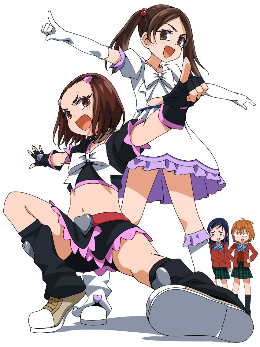 4girls :d absurdres bangs bike_shorts black_gloves black_legwear black_shorts black_skirt blue_bow blue_bowtie blue_hair blush bow bowtie brown_eyes brown_hair cosplay crop_top cure_black cure_black_(cosplay) cure_white cure_white_(cosplay) diagonal-striped_bow diagonal-striped_neckwear diagonal_stripes dress ebura_din elbow_gloves fingerless_gloves floating_hair futari_wa_precure gloves green_skirt hair_between_eyes hair_bobbles hair_ornament hairclip highres jacket kneehighs koshino_natsuko leg_warmers long_hair looking_at_viewer midriff miniskirt misumi_nagisa mori_kyouko multiple_girls navel open_clothes open_jacket open_mouth outstretched_arms plaid plaid_skirt pleated_skirt precure red_jacket red_vest short_dress short_hair short_shorts shorts shorts_under_skirt simple_background skirt smile stomach striped striped_bow striped_bowtie swept_bangs twintails v-shaped_eyebrows vest white_background white_bow white_bowtie white_dress white_gloves white_legwear yukishiro_honoka