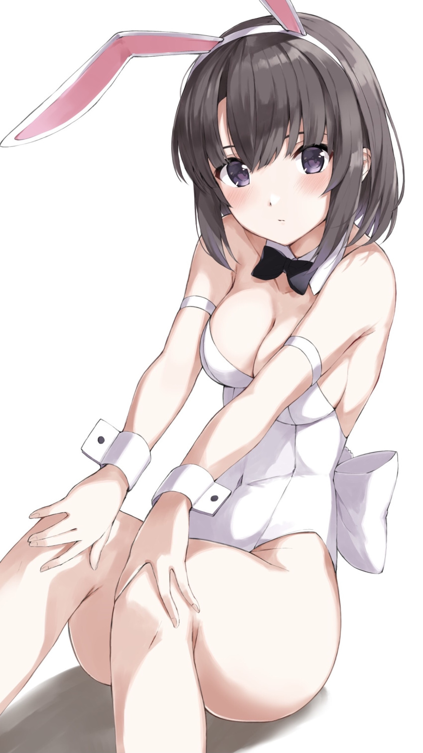 1girl animal_ears armband back_bow bare_legs black_eyes black_hair black_neckwear bow breasts cleavage commentary covered_navel detached_collar feet_out_of_frame highres katou_megumi leotard looking_at_viewer marie_(pixiv31942978) medium_breasts playboy_bunny rabbit_ears rabbit_tail saenai_heroine_no_sodatekata short_hair simple_background sitting solo strapless strapless_leotard tail white_background white_leotard wrist_cuffs