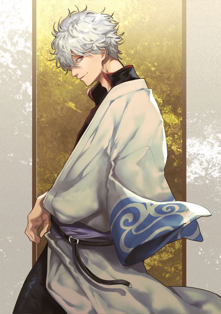 1boy absurdres bangs black_pants black_shirt closed_mouth commentary_request eyebrows_visible_through_hair from_side gintama grey_hair hadanugi_dousa hair_between_eyes highres japanese_clothes kimono looking_at_viewer looking_to_the_side male_focus pants profile red_eyes riz3 sakata_gintoki shirt smile solo white_kimono