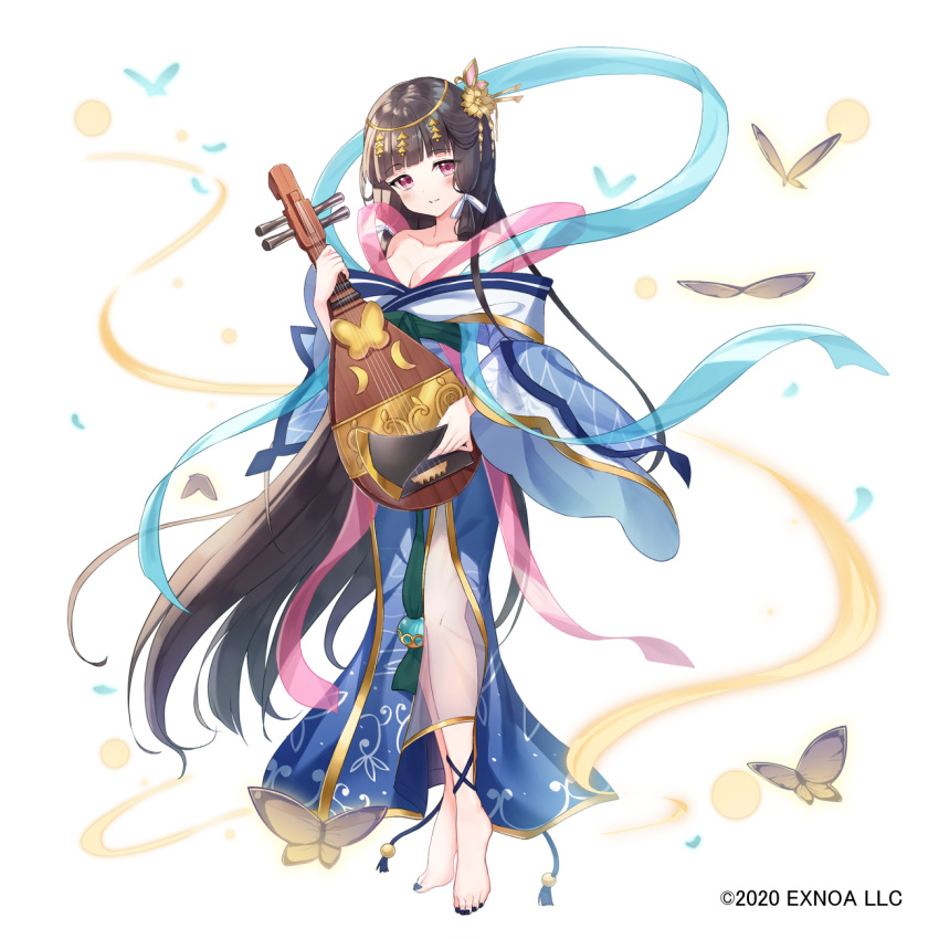 1girl animal bangs biwa_lute black_hair black_nails blue_kimono blush breasts bug butterfly character_request cleavage closed_mouth commentary_request eyebrows_visible_through_hair flower fortress_girl full_body hair_flower hair_ornament highres holding holding_instrument instrument japanese_clothes kimono long_hair looking_at_viewer lute_(instrument) medium_breasts nail_polish off_shoulder official_art purple_eyes simple_background smile solo toenail_polish toenails tsukiman very_long_hair watermark white_background white_kimono yellow_flower