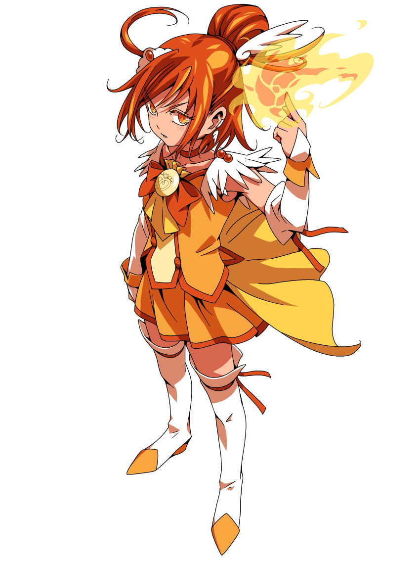 1girl absurdres ascot boots bow bowtie brown_hair choker collarbone cure_sunny detached_sleeves ebura_din fire full_body highres hino_akane_(smile_precure!) index_finger_raised jacket long_sleeves miniskirt one_side_up orange_bow orange_bowtie orange_choker orange_eyes orange_jacket orange_ribbon parted_lips pleated_skirt precure ribbon shiny shiny_hair short_hair simple_background skirt sleeveless sleeveless_jacket smile_precure! solo standing thigh_boots thighhighs tied_hair v-shaped_eyebrows white_background white_footwear white_sleeves yellow_ascot yellow_skirt zettai_ryouiki