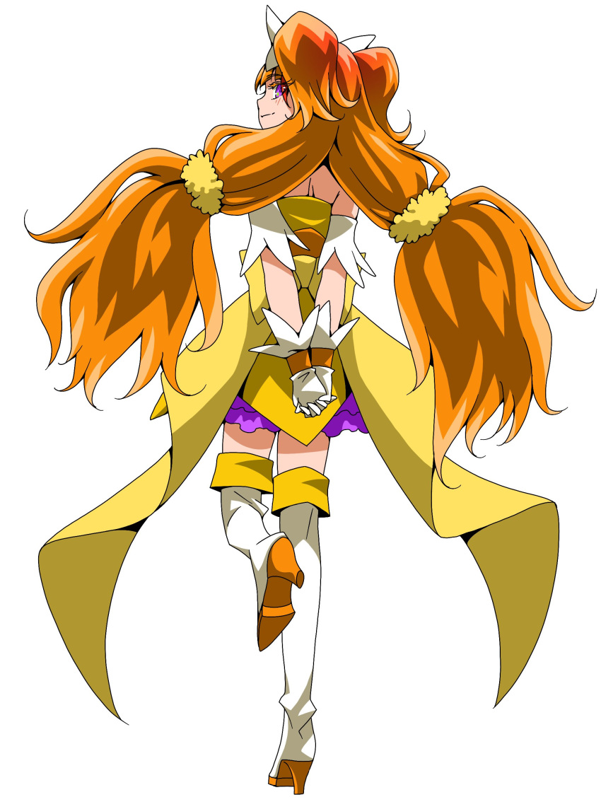 1girl absurdres amanogawa_kirara arm_strap bangs boots brown_hair closed_mouth commentary cure_twinkle ebura_din eyebrows_visible_through_hair floating_hair from_behind full_body gloves go!_princess_precure gradient_hair high_heel_boots high_heels highres layered_skirt long_hair looking_back miniskirt multicolored_hair own_hands_clasped own_hands_together precure profile purple_eyes purple_skirt shiny shiny_hair simple_background skirt smile solo thigh_boots thighhighs twintails very_long_hair white_background white_footwear white_gloves zettai_ryouiki