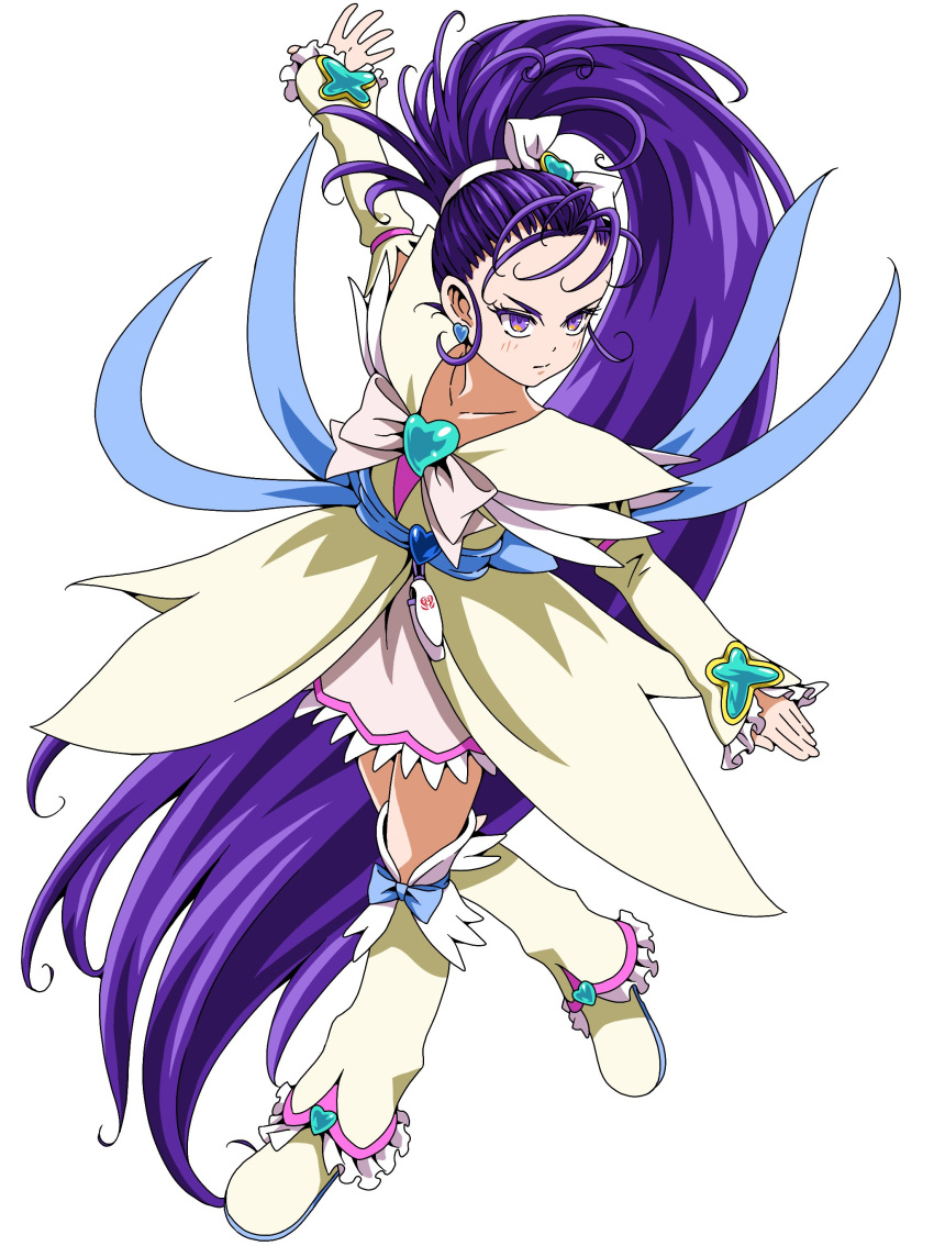 1girl absurdres bow closed_mouth collarbone cure_egret detached_sleeves earrings ebura_din floating_hair full_body futari_wa_precure_splash_star hair_bow heart heart_earrings highres jewelry leg_warmers long_hair long_sleeves miniskirt mishou_mai outstretched_arms ponytail precure purple_eyes purple_hair simple_background skirt solo standing very_long_hair white_background white_bow white_footwear white_legwear white_skirt white_sleeves