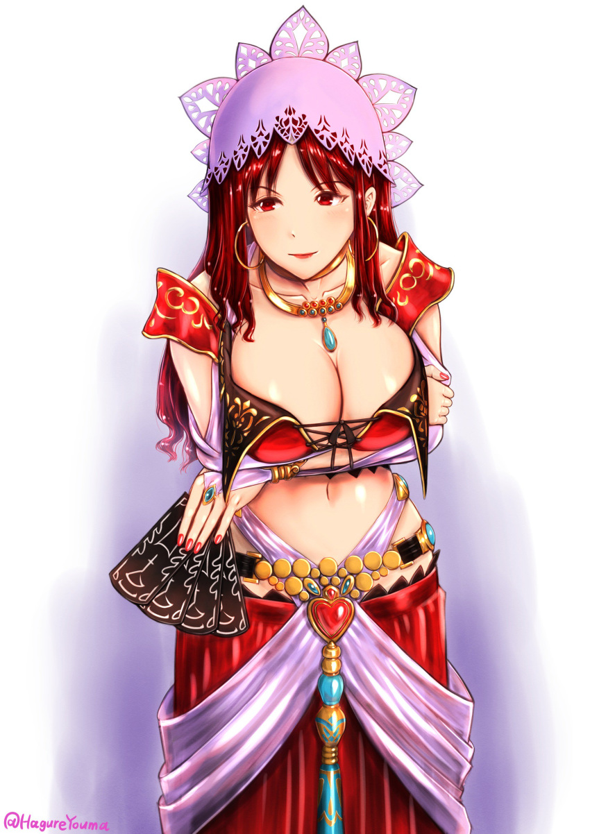 1girl absurdres breasts card cleavage closed_mouth dahna_(grandia) grandia grandia_iii gypsy hagureyouma heart highres holding holding_card jewelry large_breasts long_hair midriff nail_polish navel necklace red_eyes red_hair simple_background solo