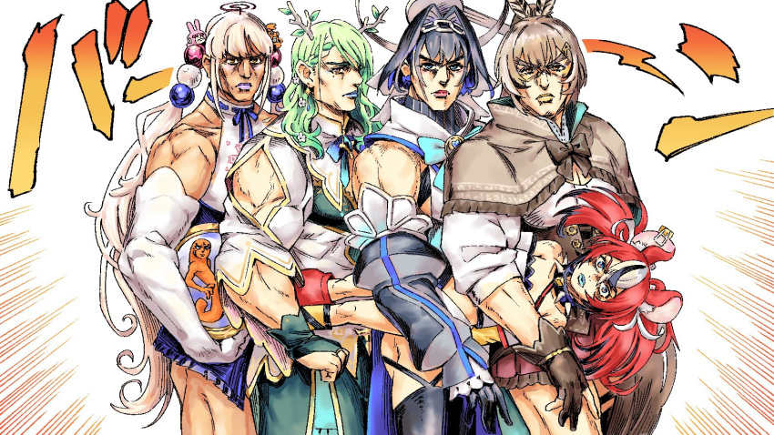 5girls antlers araki_hirohiko_(style) bangs black_hair blonde_hair blue_eyes blue_hair bow breasts brown_bow brown_capelet brown_eyes capelet carrying carrying_person ceres_fauna cleavage cleavage_cutout clenched_hand clothing_cutout dark-skinned_female dark_skin detached_sleeves hair_intakes hakos_baelz halo highres holocouncil hololive hololive_english jojo_no_kimyou_na_bouken kaniko_(tsukumo_sana) let's_hit_the_road_(jojo) limiter_(tsukumo_sana) long_hair looking_at_viewer man_face mechanical_halo mole mole_under_eye multicolored_hair multiple_girls muscular nanashi_mumei orange_eyes ouro_kronii parody purple_eyes red_hair short_hair shoulder_cutout stardust_crusaders style_parody tataki_tuna tsukumo_sana twintails usaslug_(tsukumo_sana) v-shaped_eyebrows virtual_youtuber white_hair yatagarasu_(tsukumo_sana) yellow_eyes