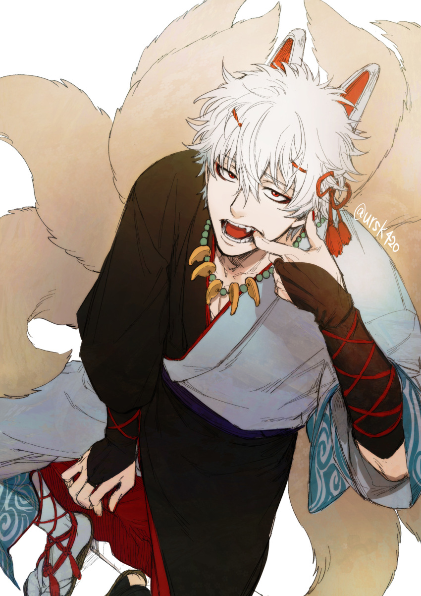 1boy animal_ears bangs black_kimono black_legwear bridal_gauntlets brown_footwear commentary_request eyebrows_visible_through_hair fangs finger_in_mouth fox_boy fox_ears fox_tail from_above gintama hair_between_eyes highres japanese_clothes kemonomimi_mode kimono kyuubi looking_at_viewer looking_up male_focus multiple_tails red_eyes sakata_gintoki simple_background sitting socks solo tail twitter_username uraki_(tetsu420) white_background white_kimono white_legwear zouri