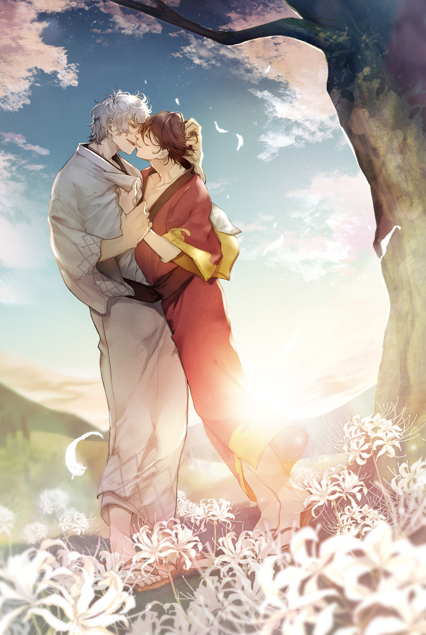 2boys absurdres blue_sky brown_footwear brown_hair brown_kimono closed_eyes cloud commentary_request day flower gintama grey_hair half-closed_eye hand_in_another's_hair highres holding_another's_wrist japanese_clothes kimono long_sleeves male_focus multiple_boys outdoors parted_lips petals red_eyes riz3 sakata_gintoki sky takasugi_shinsuke tree white_flower white_kimono wide_sleeves yaoi zouri