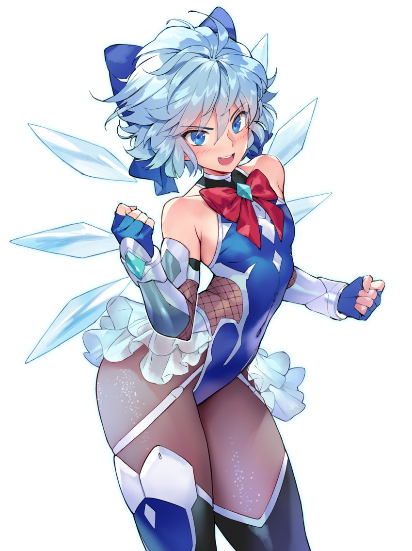 1girl alternate_costume bangs bare_shoulders blue_bow blue_eyes blue_hair blush bow bowtie cirno clenched_hands commentary_request commission flat_chest hair_bow highres ice looking_at_viewer matsuda_(matsukichi) open_mouth pantyhose red_bow red_bowtie short_hair simple_background skeb_commission smile solo standing taimanin_(series) taimanin_suit teeth touhou upper_teeth white_background wings