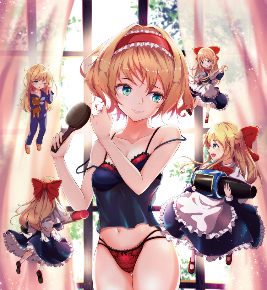 5girls absurdres alice_margatroid apron aqua_eyes ass_visible_through_thighs bangs bare_arms bare_shoulders blonde_hair blue_dress blue_eyes blush bow bra breasts camisole capelet check_commentary cleavage collarbone commentary_request cosmetics cowboy_shot curtains dress eyebrows_visible_through_hair frilled_apron frilled_hairband frills from_behind hair_bow hair_brush hair_intakes hairband hand_up hands_up head_tilt highres holding holding_lipstick_tube holding_stuffed_toy indoors lipstick_tube lolita_hairband long_hair long_sleeves looking_at_another mary_janes medium_breasts midriff multiple_girls nail_polish_bottle navel panties red_bow red_bra red_footwear red_hairband red_panties shanghai_doll shoes short_hair smile standing strap_slip stuffed_animal stuffed_toy teddy_bear touhou underwear waist_apron white_apron white_capelet window yamanakaume