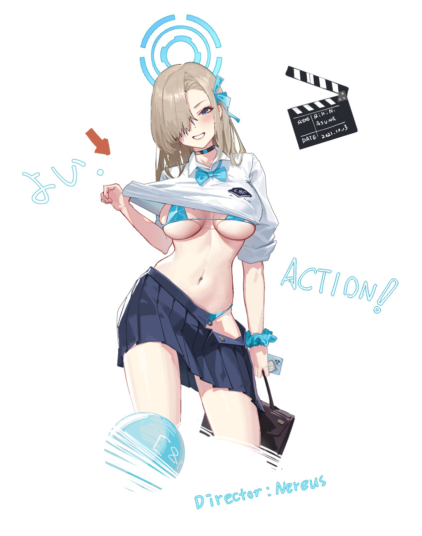 1girl absurdres asuna_(blue_archive) bag bangs bikini bikini_under_clothes black_choker blue_archive blue_bikini blue_bow blue_bowtie blue_eyes blue_ribbon blue_skirt blush bow bowtie breasts chinese_commentary choker clapperboard clothes_lift collared_shirt commentary_request cowboy_shot cropped_legs english_text grin hair_over_one_eye hair_ribbon halo highres holding holding_bag holding_phone large_breasts lifted_by_self light_brown_hair long_hair looking_at_viewer mole mole_on_breast navel navel_piercing partial_commentary phone piercing pleated_skirt ribbon school_uniform scrunchie shirt shirt_lift simple_background skirt smile solo stomach string_bikini swimsuit ta03545 translation_request underboob white_background white_shirt wrist_scrunchie