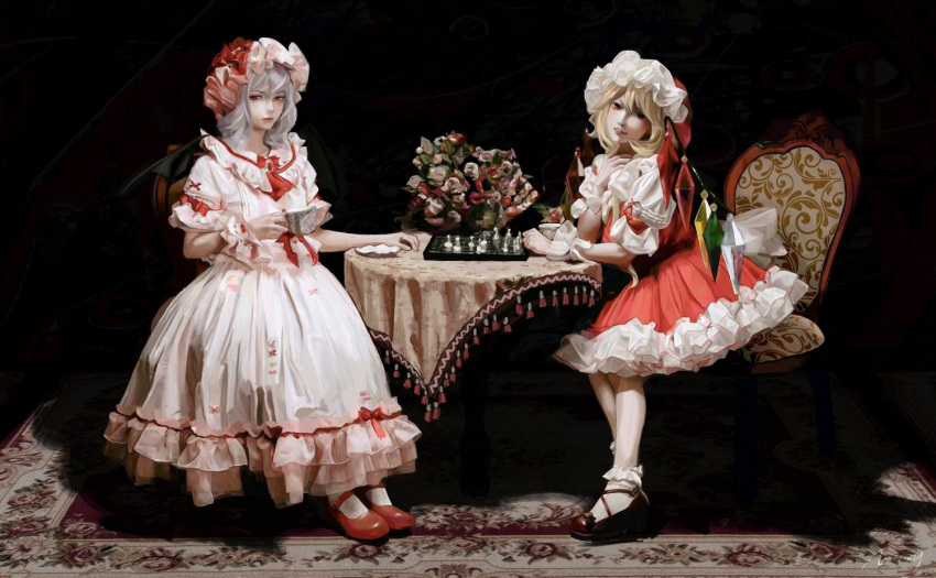 2girls ascot bat_wings blonde_hair blue_hair board_game bow brooch carpet chair chess chess_piece chessboard crystal cup dish dress flandre_scarlet flower frilled_shirt frilled_shirt_collar frilled_skirt frilled_sleeves frills hand_on_own_face hat hat_ribbon holding holding_cup indoors jewelry lips long_dress mary_janes medium_hair medium_skirt mob_cap multiple_girls nerney one_side_up pink_dress puffy_short_sleeves puffy_sleeves red_bow red_eyes red_ribbon red_skirt red_vest remilia_scarlet ribbon ribbon_trim rug sash shirt shoes short_hair short_sleeves siblings side_ponytail sisters sitting skirt skirt_set table tablecloth touhou vest white_shirt wings wrist_cuffs yellow_ascot