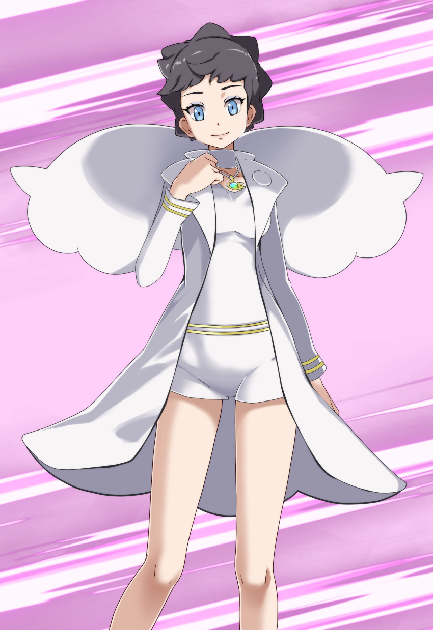 1girl absurdres bare_legs black_hair blue_eyes closed_mouth coat collarbone commentary_request diantha_(pokemon) highres jewelry long_sleeves looking_at_viewer open_clothes open_coat pendant pokemon pokemon_(game) pokemon_xy purple_background shirt short_hair short_shorts shorts smile solo standing tsukishiro_saika white_coat white_shirt white_shorts