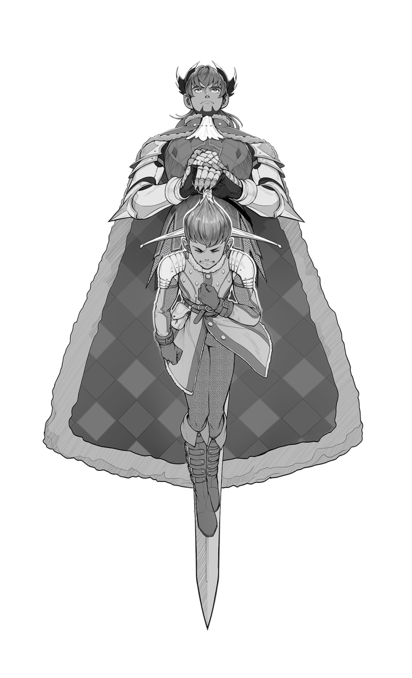 2boys armor ascot bangs belt brothers buttons cape chainmail closed_eyes closed_mouth commentary facial_hair frown fur-trimmed_cape fur_trim gloves greyscale hand_up highres holding holding_sword holding_weapon hop_(pokemon) kazuko_(towa) leon_(pokemon) looking_up male_focus monochrome multiple_boys own_hands_together pokemon pokemon_(game) pokemon_swsh short_hair shoulder_armor siblings simple_background sword two-handed_sword weapon white_background