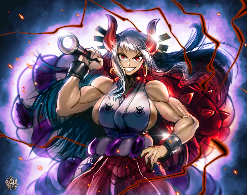 1girl artist_name aura bangs bare_arms bare_shoulders biceps blue_hair breasts club_(weapon) commentary cowboy_shot cuffs curled_horns earrings floating_hair grin hair_ornament hair_stick hakama hand_on_hip highres hoop_earrings horns japanese_clothes jewelry kanabou kimono large_breasts lips long_hair looking_at_viewer multicolored_hair muscular muscular_female one_piece oni over_shoulder red_eyes red_horns rope shackles shimenawa sideboob sleeveless sleeveless_kimono smile solo spiked_club spikes the_golden_smurf v-shaped_eyebrows very_long_hair weapon weapon_over_shoulder white_hair yamato_(one_piece)