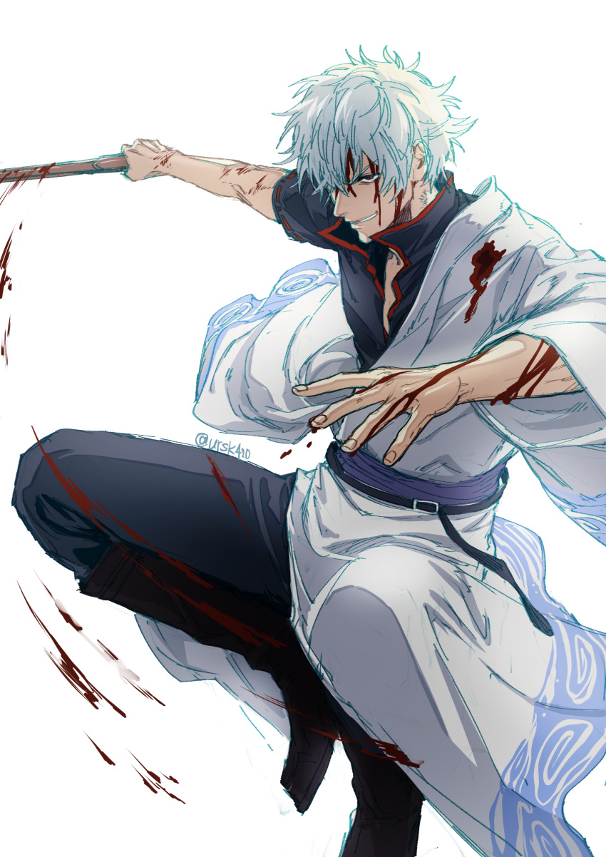 1boy black_footwear black_pants black_shirt blood blood_on_clothes blood_on_face blood_on_hands bokken boots commentary_request gintama grey_hair hadanugi_dousa highres holding holding_sword holding_weapon japanese_clothes kimono knee_boots long_sleeves looking_at_viewer male_focus pants parted_lips red_eyes ribbon-trimmed_sleeves ribbon_trim sakata_gintoki shirt short_sleeves simple_background smile solo sword twitter_username uraki_(tetsu420) weapon white_background white_kimono wide_sleeves wooden_sword