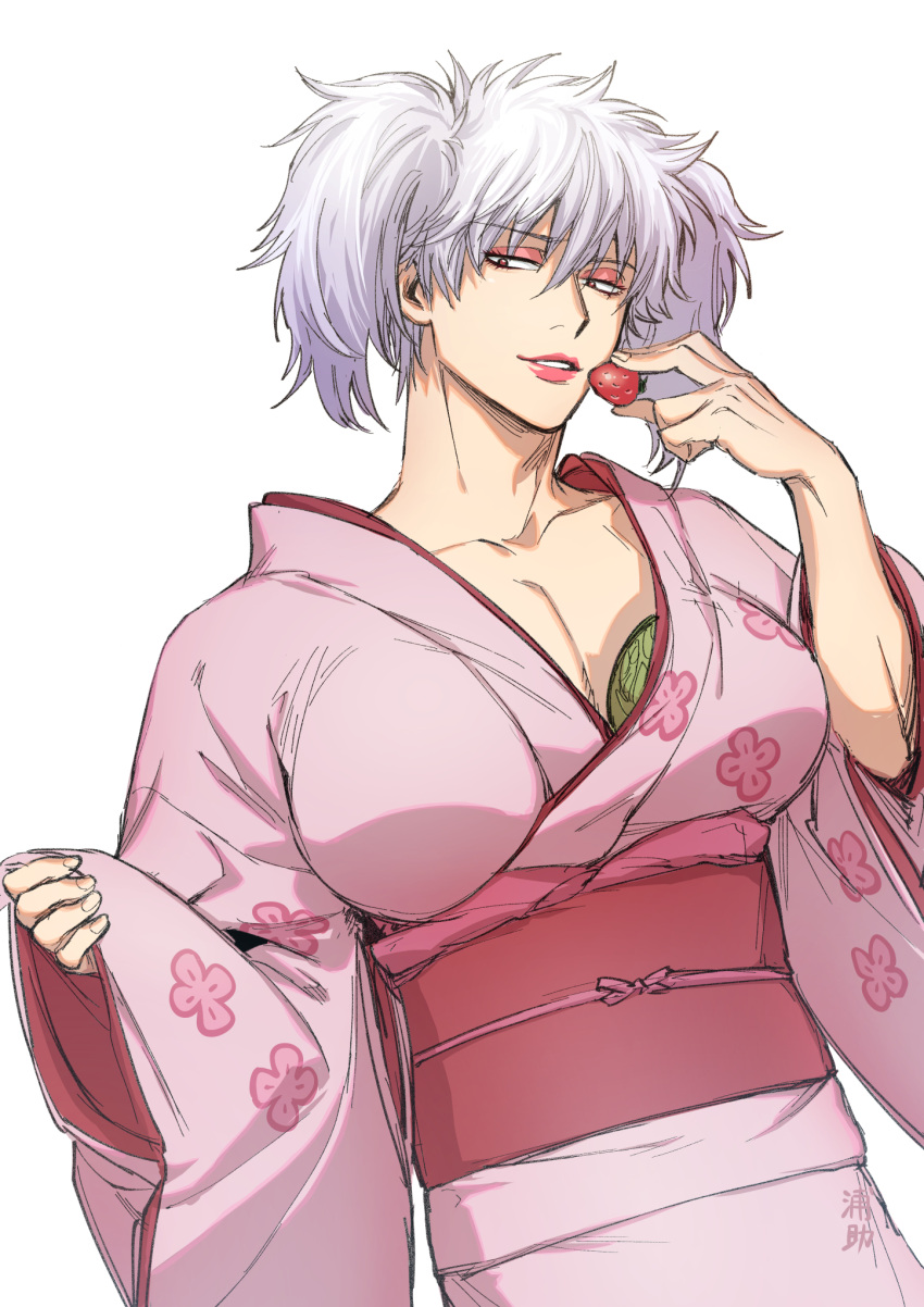 1boy bangs breast_padding collarbone commentary_request crossdressing eyebrows_visible_through_hair food fruit gintama grey_hair hair_between_eyes highres holding holding_food japanese_clothes kimono long_sleeves looking_at_viewer male_focus obi parted_lips pinching_sleeves pink_kimono red_eyes red_lips sakata_gintoki sash simple_background sleeves_past_wrists smile solo strawberry twintails uraki_(tetsu420) white_background wide_sleeves