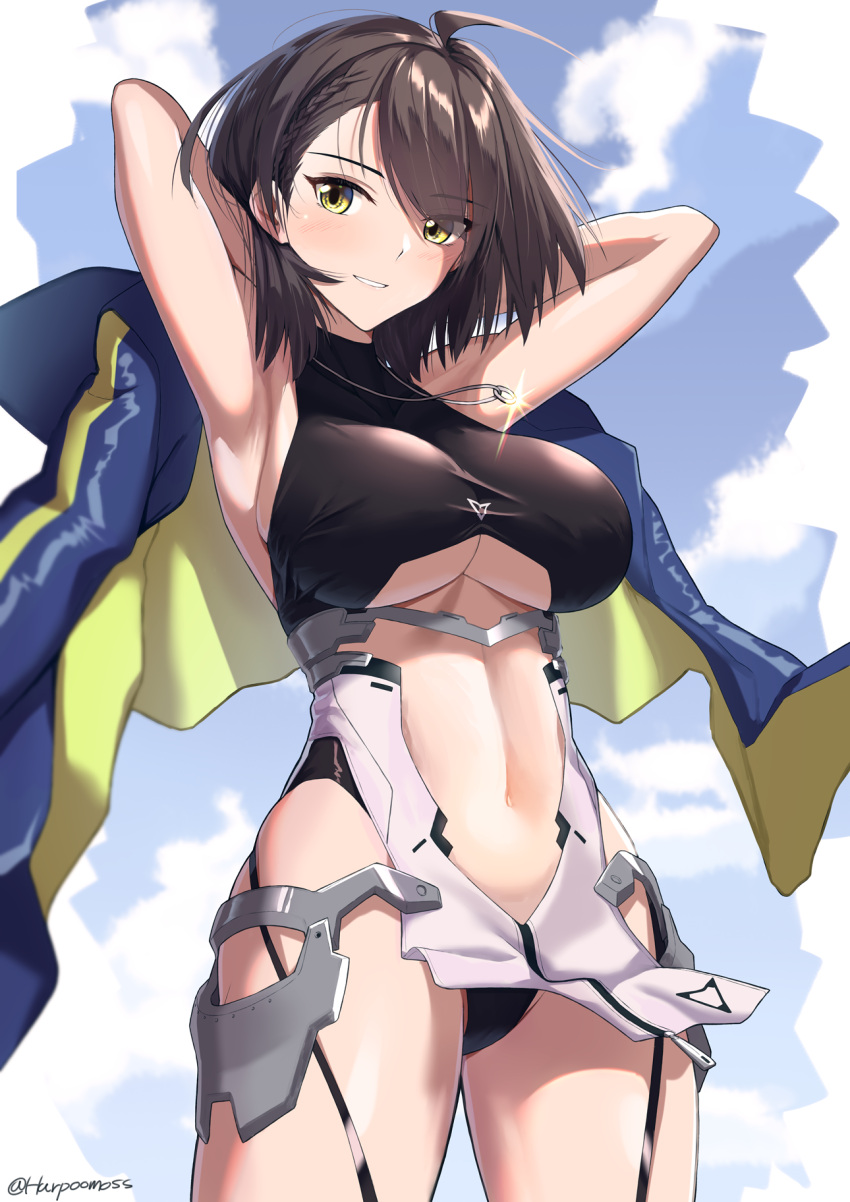 1girl ahoge armpits arms_behind_back arms_behind_head arms_up azur_lane baltimore_(azur_lane) bangs black_hair blue_jacket blue_sky braid breasts center_opening commentary_request cowboy_shot day eyebrows_visible_through_hair garter_straps glint highres jacket jacket_removed jewelry large_breasts looking_at_viewer morino_(harpoomoss) navel necklace outdoors parted_lips revealing_clothes short_hair sky smile solo stomach swept_bangs twitter_username underboob underbust yellow_eyes