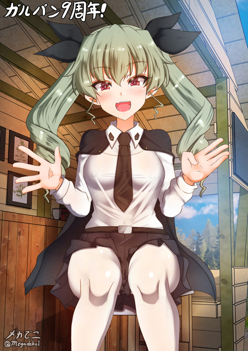 1girl anchovy_(girls_und_panzer) anzio_school_uniform aquaegg black_necktie blush breasts cape commentary_request covered_navel covered_nipples drill_hair eyebrows_visible_through_hair girls_und_panzer green_hair hair_ornament hair_ribbon highres large_breasts looking_at_viewer miniskirt necktie open_mouth outdoors pantyhose red_eyes ribbon school_uniform shiny shiny_hair shiny_skin skirt smile solo twintails white_legwear