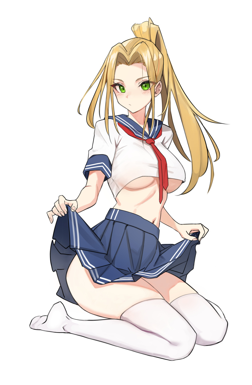 1girl absurdres blonde_hair blue_sailor_collar blue_skirt blush breasts closed_mouth clothes_lift commission crop_top eyebrows_visible_through_hair green_eyes hair_intakes high_ponytail highres holding holding_clothes holding_skirt kiritzugu large_breasts light_frown long_hair looking_at_viewer navel no_bra original pleated_skirt ponytail red_neckwear sailor_collar school_uniform serafuku shirt short_sleeves sidelocks simple_background sitting skirt skirt_lift solo thighhighs tsurime underboob wariza white_background white_legwear white_shirt
