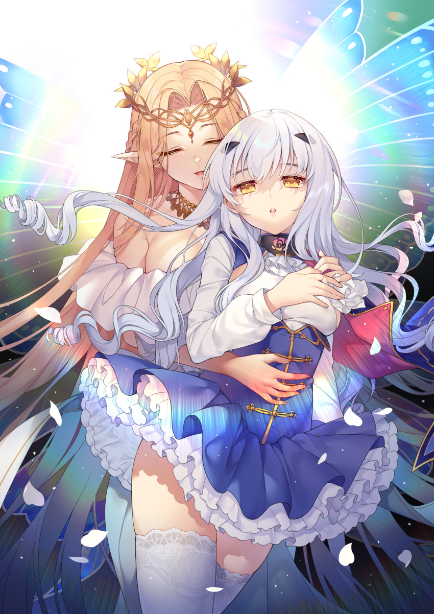 2girls :d absurdres aurora_(fate) bangs bare_shoulders blonde_hair blue_skirt braid breasts butterfly_wings closed_eyes commentary english_commentary fairy_knight_lancelot_(fate) fate/grand_order fate_(series) flower frilled_skirt frills hair_flower hair_ornament hairclip headpiece highres long_hair long_sleeves may_(2747513627) medium_breasts multiple_girls open_mouth parted_bangs parted_lips petals pleated_skirt pointy_ears puffy_long_sleeves puffy_sleeves shirt skirt smile thighhighs very_long_hair white_hair white_legwear white_shirt wings yellow_flower