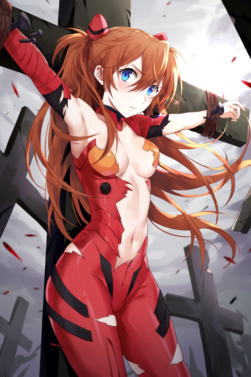 1girl absurdres armpits blue_eyes bodysuit breasts brown_hair cleavage collarbone commentary_request crucifixion devil_heavens eyebrows_visible_through_hair floating_hair hair_between_eyes headgear highres long_hair looking_at_viewer medium_breasts navel neon_genesis_evangelion outdoors parted_lips plugsuit red_bodysuit souryuu_asuka_langley torn_bodysuit torn_clothes very_long_hair