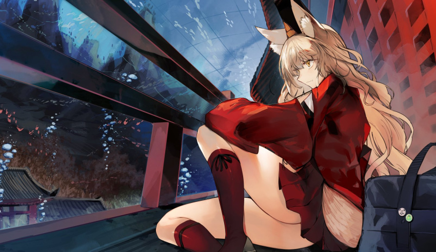 1girl air_bubble animal_ear_fluff animal_ears ass bag bangs brown_skirt bubble closed_mouth fate/grand_order fate_(series) fox_ears fox_tail from_side highres knee_up long_hair long_sleeves miniskirt nishiide_kengorou no_panties official_art pleated_skirt railing red_shirt shirt side_slit sidelocks sitting skirt socks solo suzuka_gozen_(fate) tail thighs water wide_sleeves