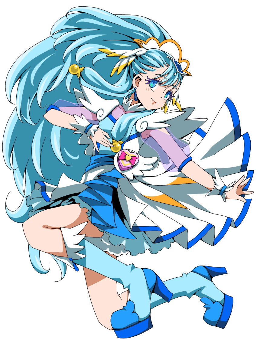1girl absurdres blue_eyes blue_footwear blue_hair boots closed_mouth commentary_request cure_ange dress earrings ebura_din eyelashes full_body hair_ornament high_heel_boots high_heels highres hugtto!_precure jewelry knee_boots long_hair precure see-through_sleeves short_dress smile solo very_long_hair yakushiji_saaya