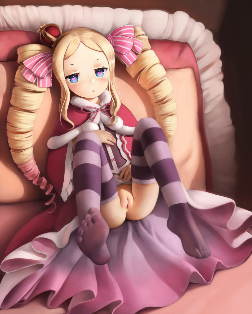 1girl beatrice_(re:zero) blonde_hair blue_eyes blush bottomless cameltoe commentary crown crumbles drill_hair feet groin hair_ornament hair_ribbon highres looking_at_viewer multicolored_hair no_shoes open_mouth pink_hair pussy re:zero_kara_hajimeru_isekai_seikatsu ribbon shiny shiny_skin sitting solo striped striped_legwear thighhighs twin_drills twintails uncensored