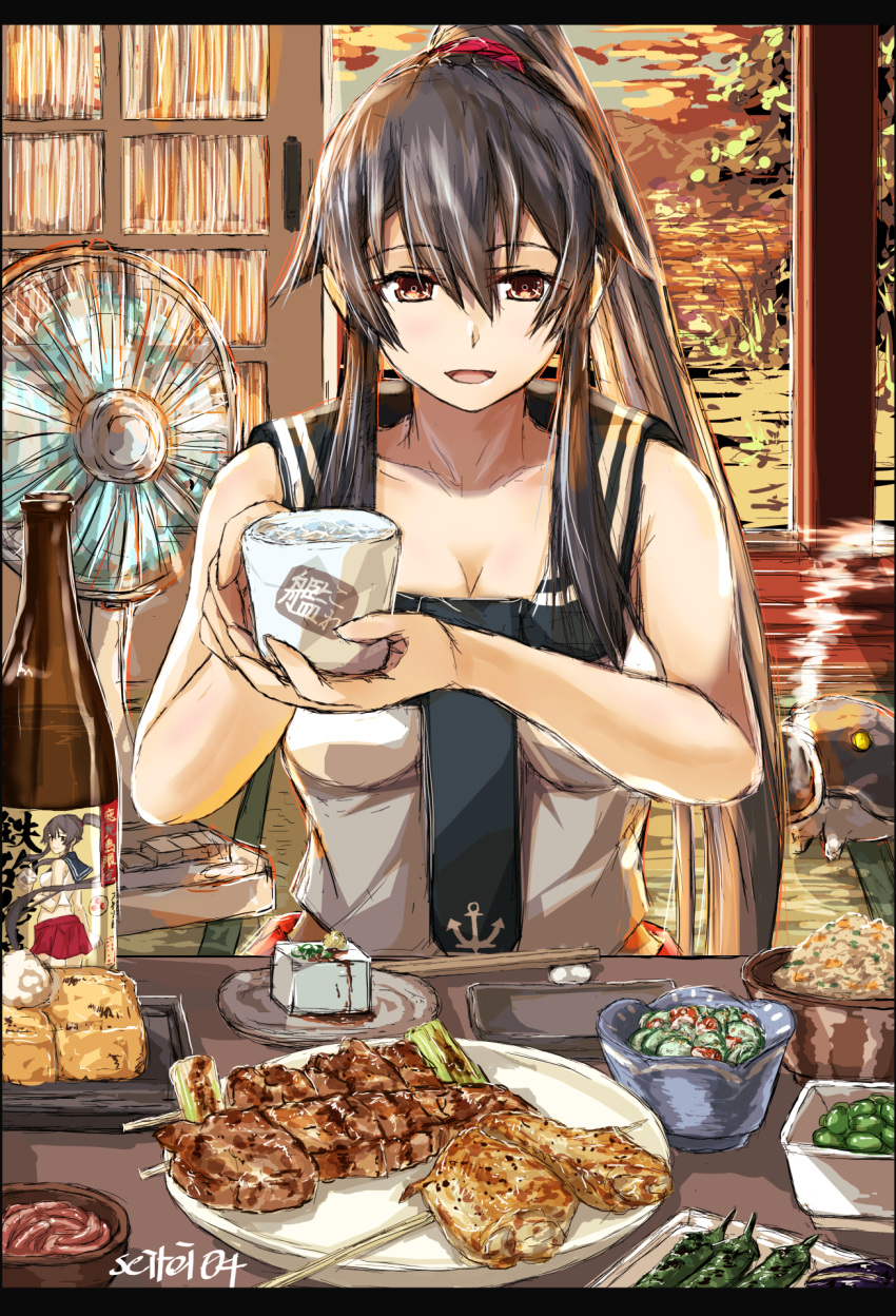 1girl alcohol barbecue beef black_hair black_necktie black_sailor_collar blush bottle bowl breasts character_print chicken_(food) chili_pepper chopsticks cleavage commentary cucumber cup edamame_(food) egg electric_fan eyebrows_visible_through_hair food fried_rice grass hair_between_eyes highres holding kanji kantai_collection large_breasts long_hair looking_at_viewer necktie noodles omelet open_mouth plate pleated_skirt ponytail red_eyes red_scrunchie red_skirt rice_bowl sailor_collar sake salad school_uniform scrunchie seitei_(04seitei) serafuku shirt skirt sleeveless smile solo spring_onion stick sunset tamagoyaki tofu tree twitter_username upper_body white_shirt yahagi_(kancolle)